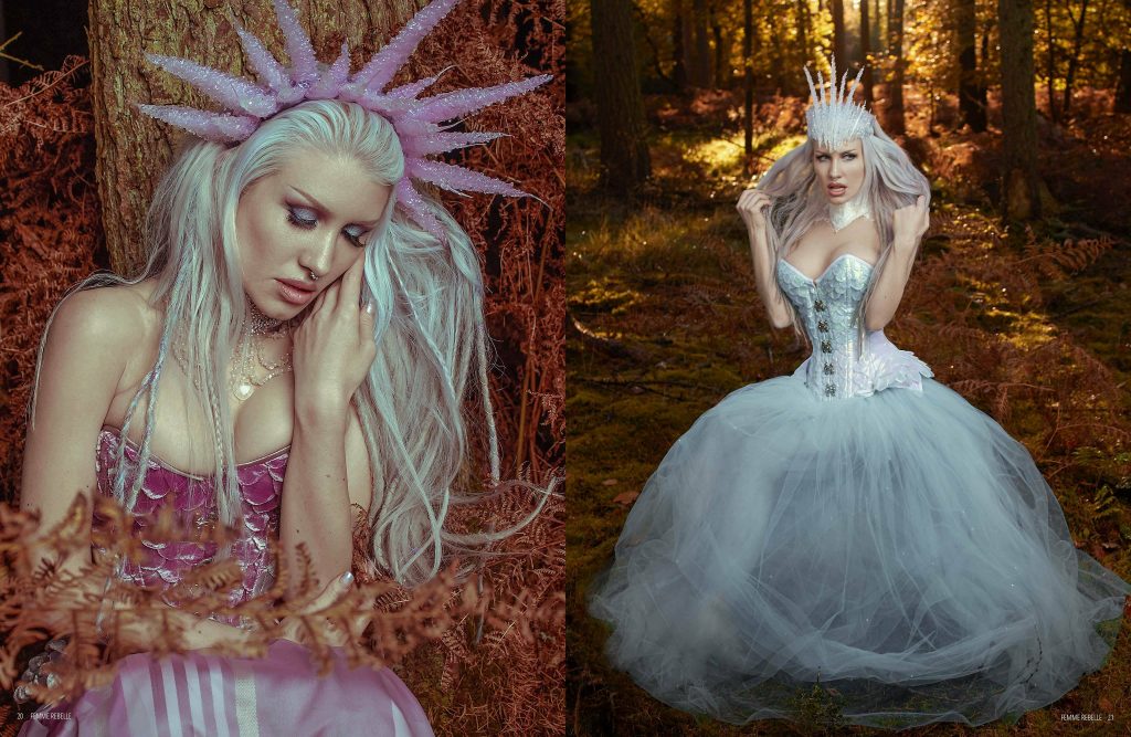 Wearing Pink Set - Frosted Rose Halo Headdress, Jewelled Neck Corset and Frosted Rose Mermaid Corset;
Blue Set - Ice Queen Crown Headdress, White Dragon Neck Corset, Breath of the White Dragon Corset and Tulle Skirt with Swarovski Crystals