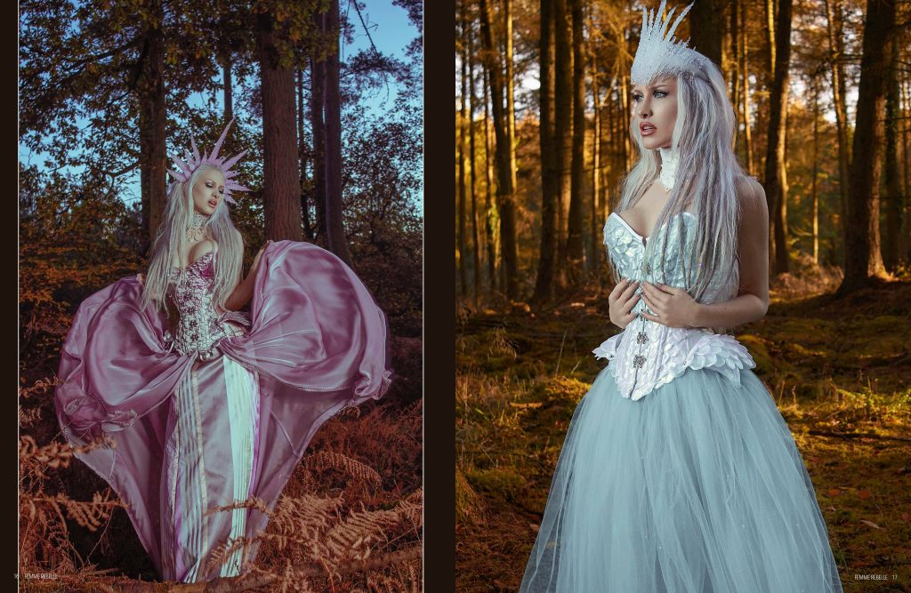 Wearing Pink Set - Frosted Rose Halo Headdress, Jewelled Neck Corset, Frosted Rose Mermaid Corset, Striped Skirt and Flow Overskirt; 
Blue Set - Ice Queen Crown Headdress, White Dragon Neck Corset, Breath of the White Dragon Corset and Tulle Skirt with Swarovski Crystals