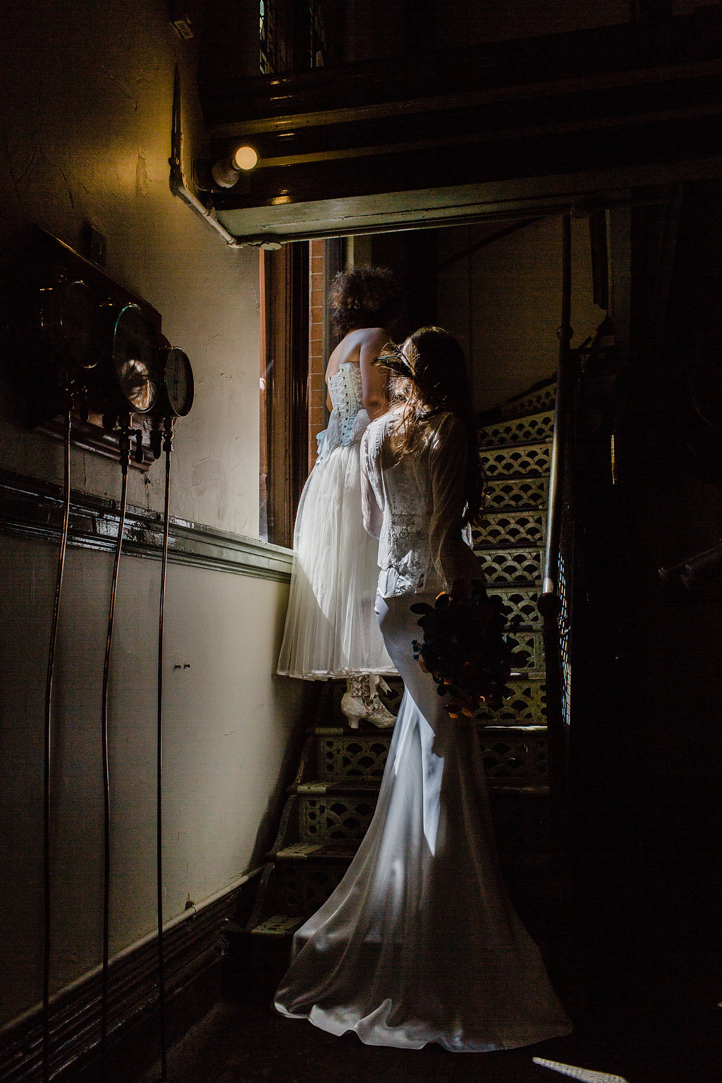 Daphne Corset, with Victorian Lace Blouse and Siren Skirt and Moonlit Angel Corset with Tulle Ballerina Skirt